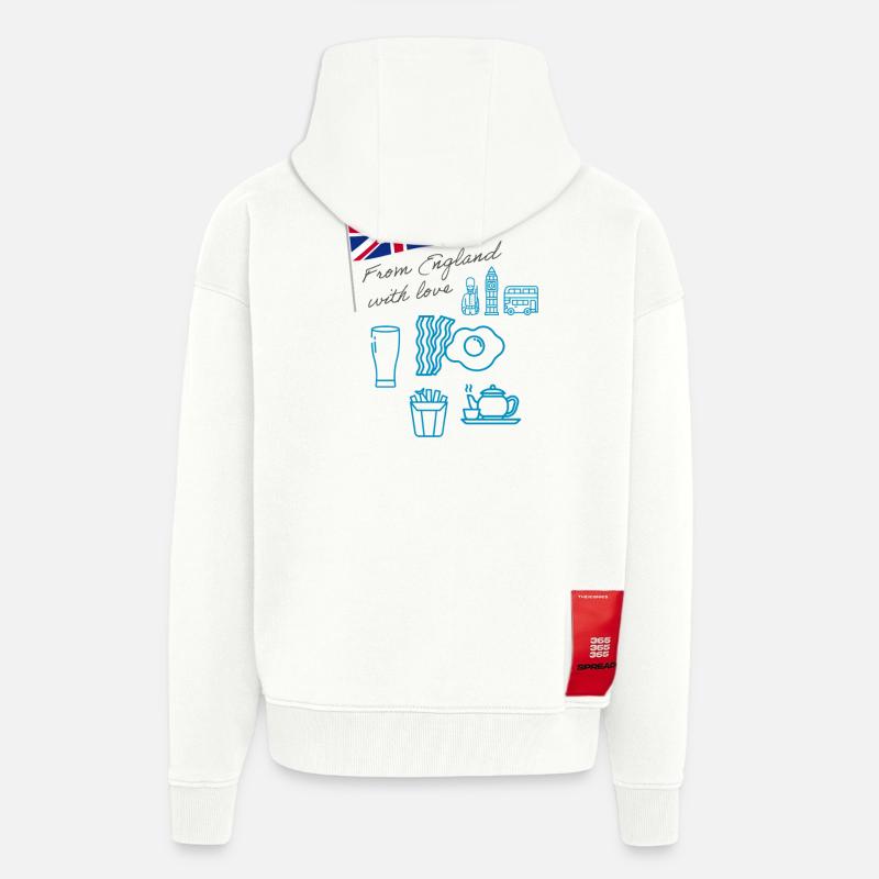 EXANGLIA (Texte bleu + gris) - Veste à capuche bio épaisse oversize fabriqué en UE - OFF WHITE