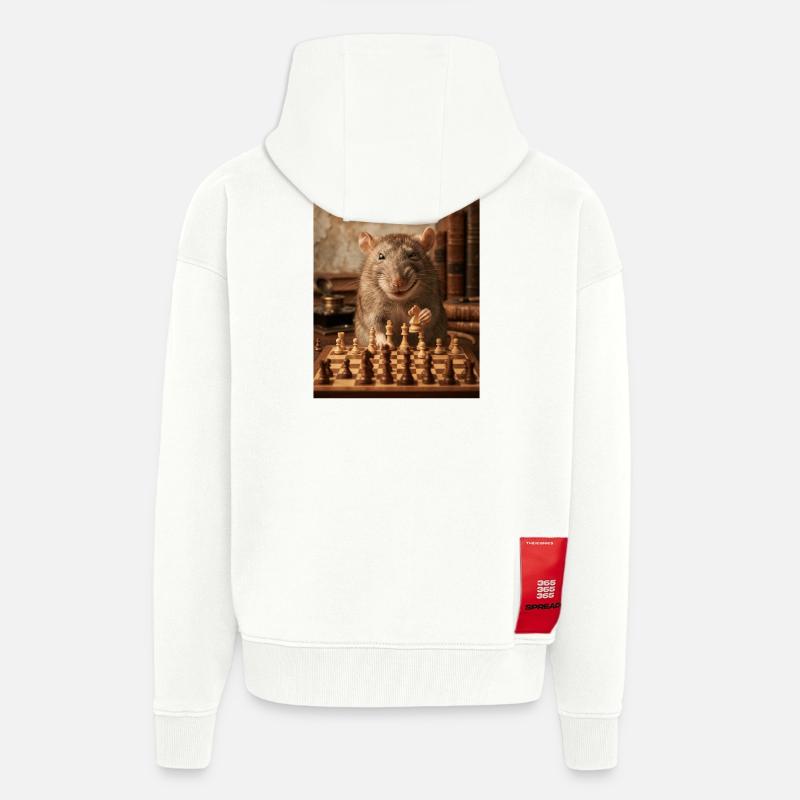 Rat jouant aux échecs - Veste à capuche bio épaisse oversize fabriqué en UE - OFF WHITE