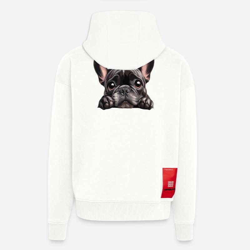 Graphique accrocheur de Buldog câlin - Veste à capuche bio épaisse oversize fabriqué en UE - OFF WHITE