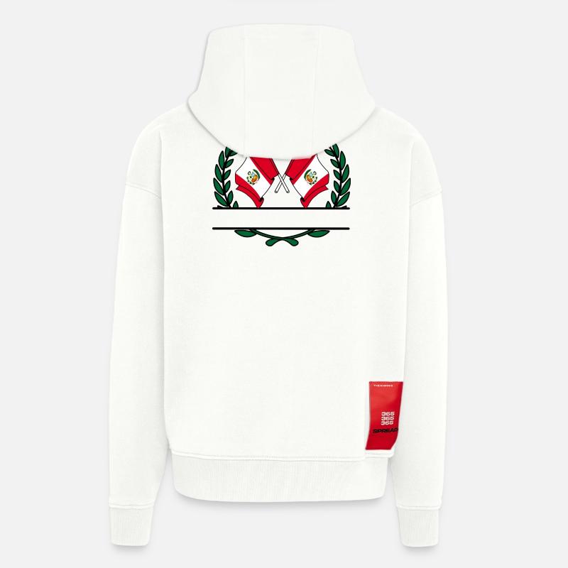 Drapeaux Pérou bannière couronne de laurier - Veste à capuche bio épaisse oversize fabriqué en UE - OFF WHITE