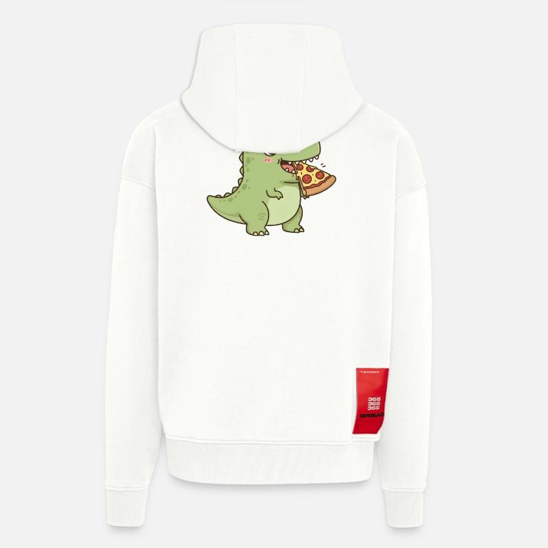 T-Rex mange une pizza - Veste à capuche bio épaisse oversize fabriqué en UE - OFF WHITE