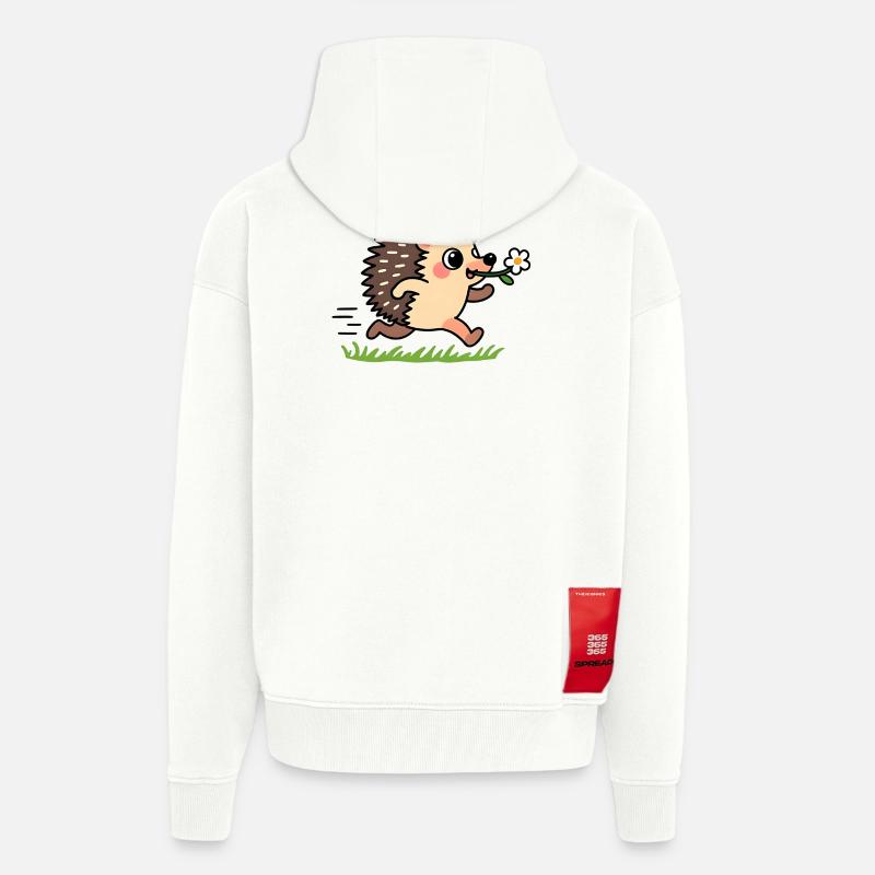 Hérisson avec une fleur - Veste à capuche bio épaisse oversize fabriqué en UE - OFF WHITE