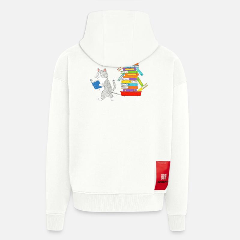 Reading kitten pulls book trolley - Zip Hoodie - made by SPREAD - OFF WHITE