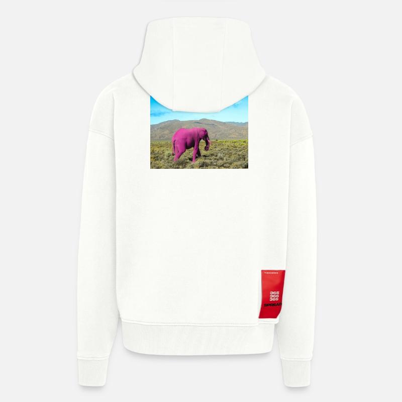 Éléphant rose dans la savane déserte - Veste à capuche bio épaisse oversize fabriqué en UE - OFF WHITE