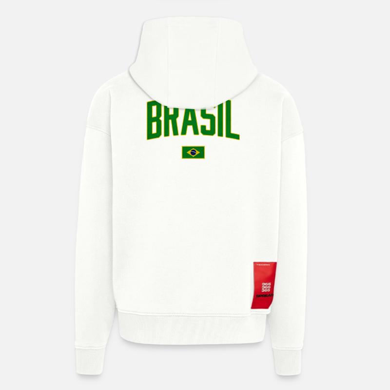 Conception du Brésil avec drapeau national - Veste à capuche bio épaisse oversize fabriqué en UE - OFF WHITE