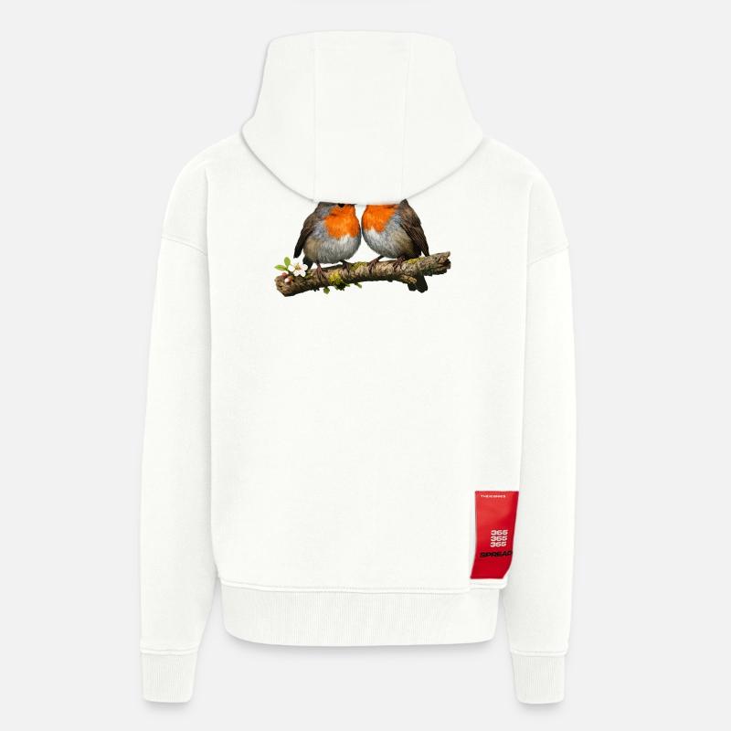 Duo Red Robin sur la branche - Veste à capuche bio épaisse oversize fabriqué en UE - OFF WHITE