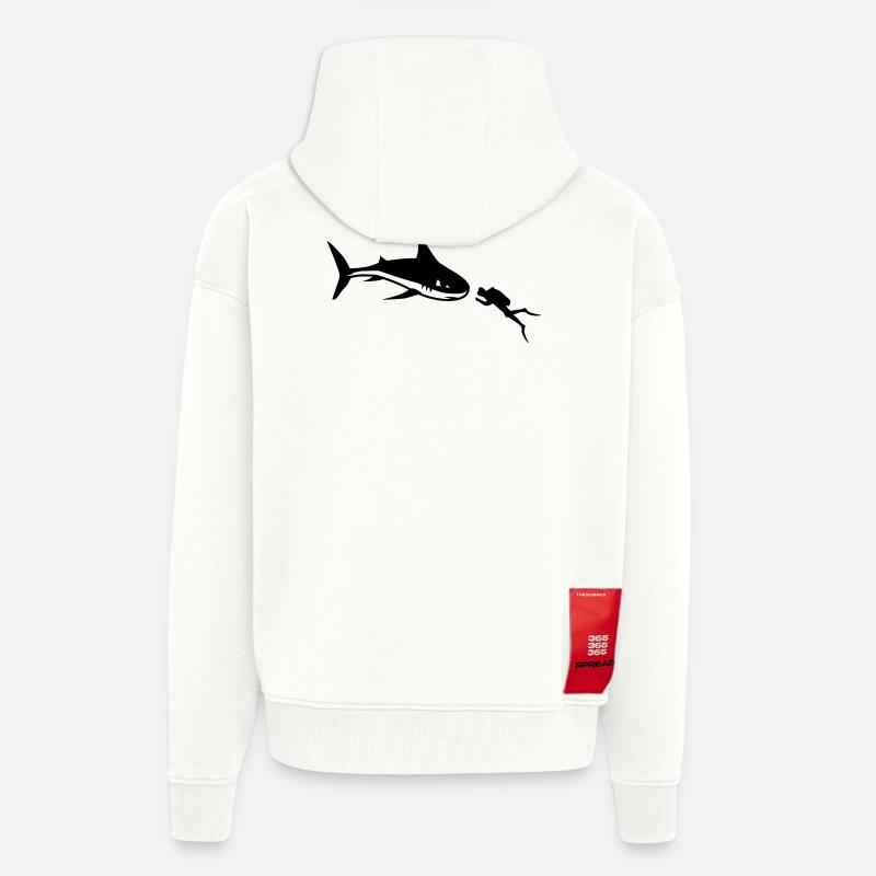Un requin et un plongeur - Veste à capuche bio épaisse oversize fabriqué en UE - OFF WHITE