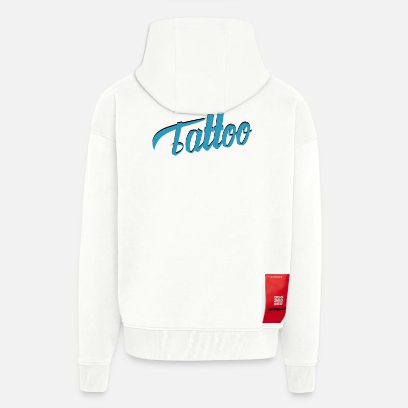 Écriture de tatouage en sarcelle-ci - Veste à capuche bio épaisse oversize fabriqué en UE - OFF WHITE