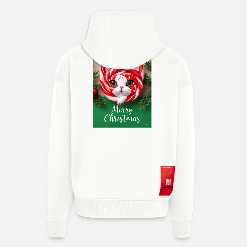 Chat de Noël Candy Cane Look - Veste à capuche bio épaisse oversize fabriqué en UE - OFF WHITE