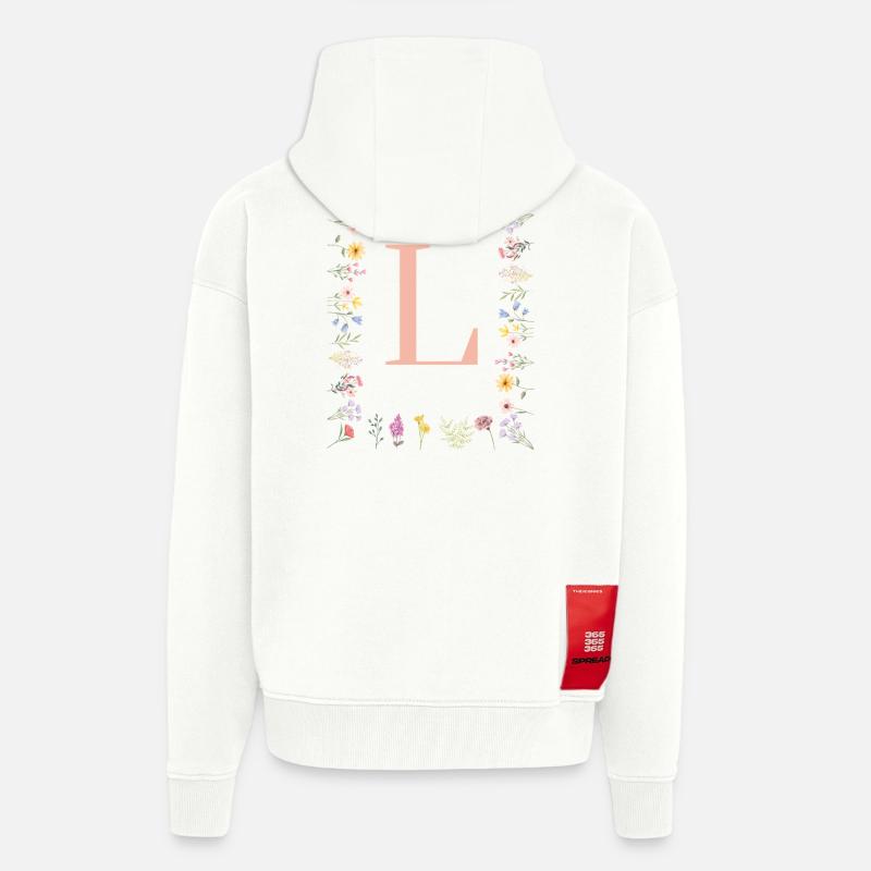 Initiales florales « L », lettres monogrammes - Veste à capuche bio épaisse oversize fabriqué en UE - OFF WHITE