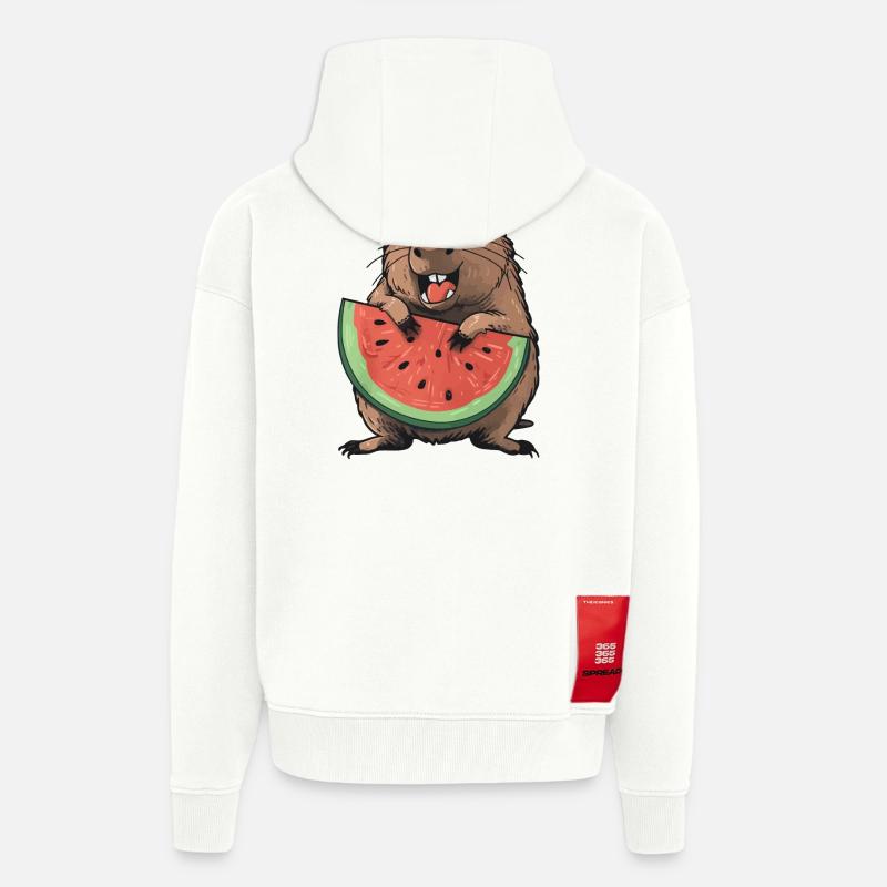 Capybara mangeant de la pastèque - Veste à capuche bio épaisse oversize fabriqué en UE - OFF WHITE
