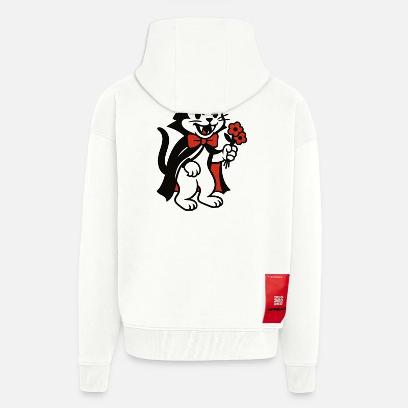 Chat Dracula avec bouquet de fleurs - Veste à capuche bio épaisse oversize fabriqué en UE - OFF WHITE