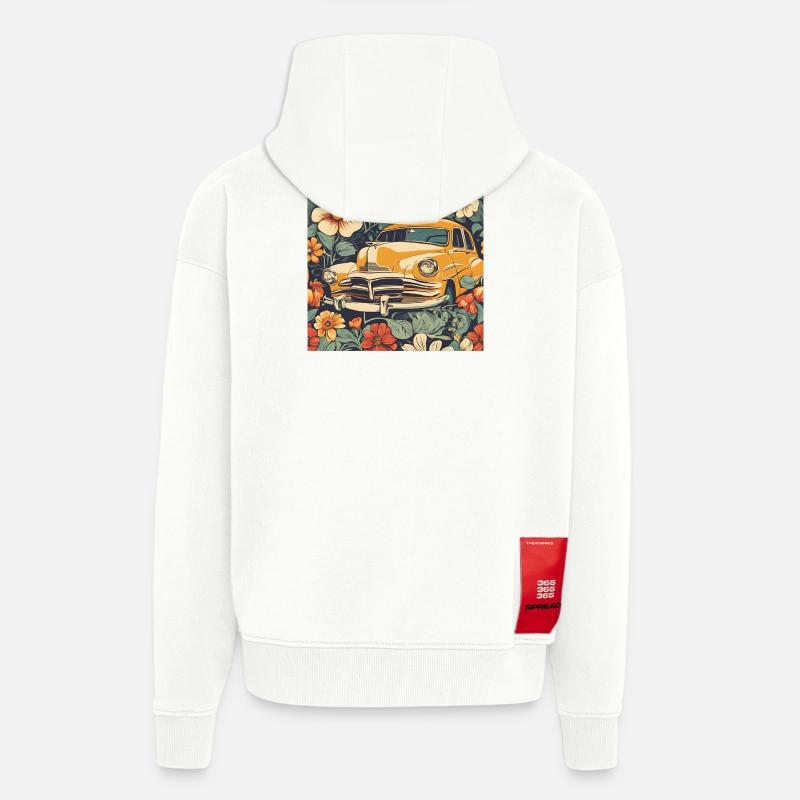 Voiture ancienne dans le cosmos fleuri - Veste à capuche bio épaisse oversize fabriqué en UE - OFF WHITE