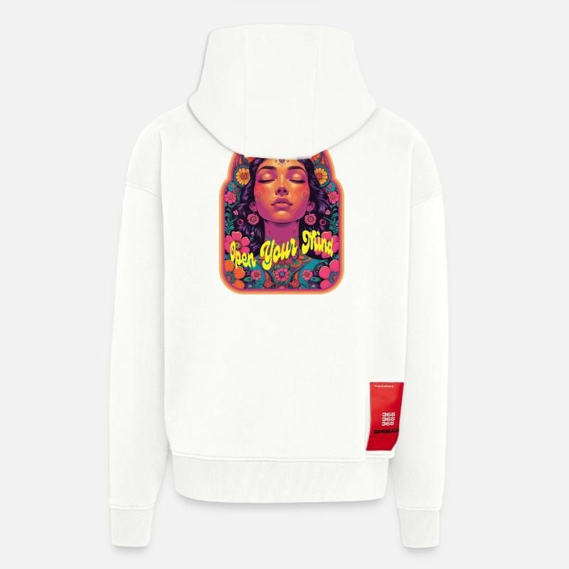 Open Your Mind Psytrance Kandi Bloom - Veste à capuche bio épaisse oversize fabriqué en UE - OFF WHITE