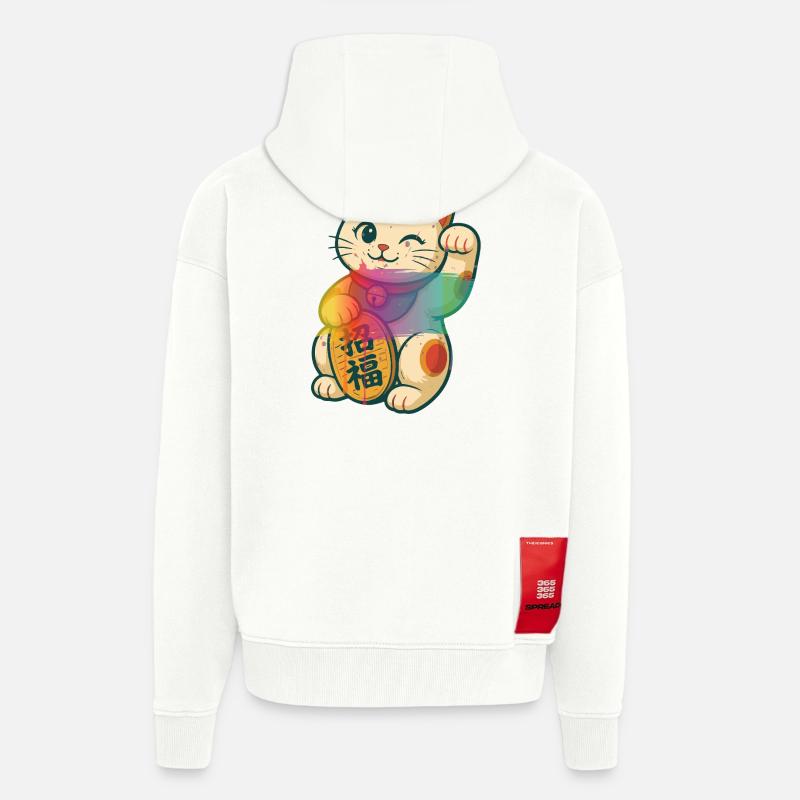 Winkende Glückskatze mit Regenbogen Effekt - Zip Hoodie - made by SPREAD - OFF WHITE