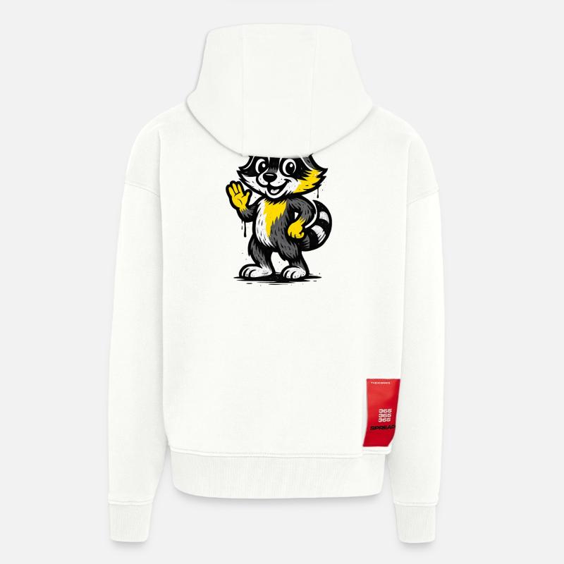 Heureux raton laveur agitant la main - Veste à capuche bio épaisse oversize fabriqué en UE - OFF WHITE