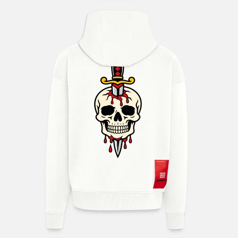 Crâne transpercé par dague style tattoo - Veste à capuche bio épaisse oversize fabriqué en UE - OFF WHITE