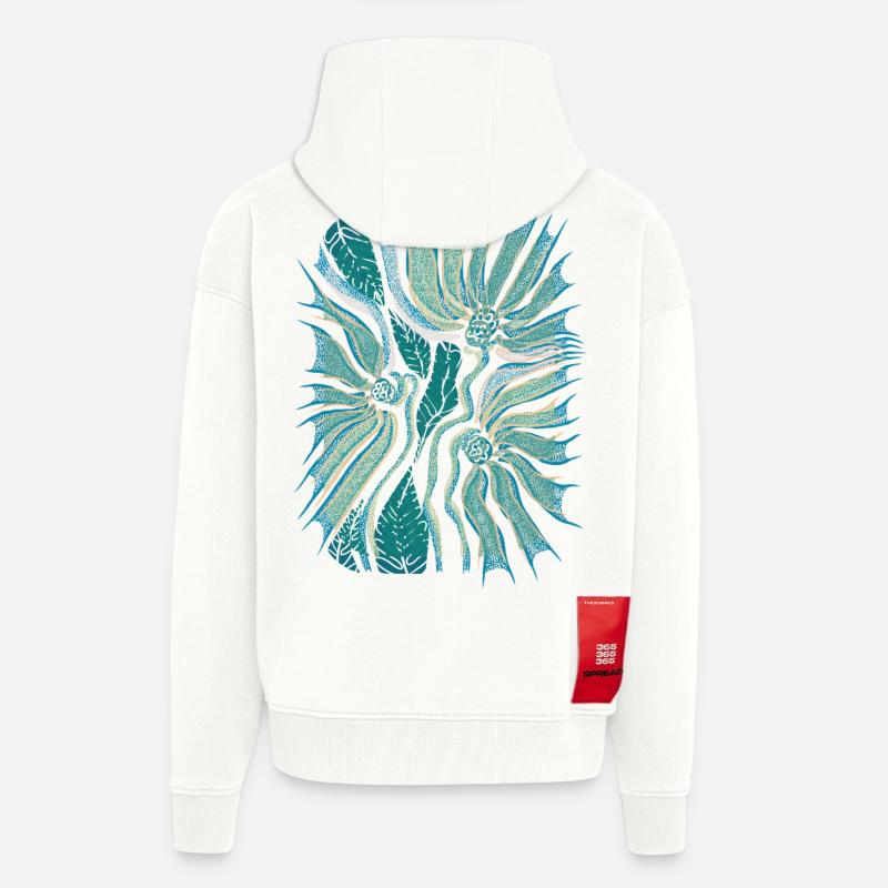 Floraison tropicale abstraite en sarcelle - Veste à capuche bio épaisse oversize fabriqué en UE - OFF WHITE