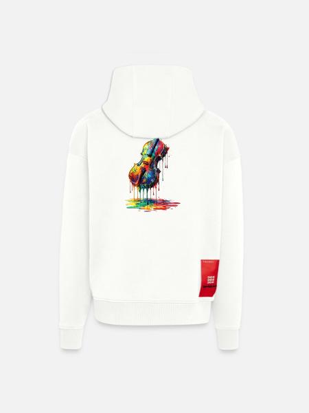 Violin med dryppende maling - Heavyweight oversized organic hættejakke made in EU - OFF WHITE