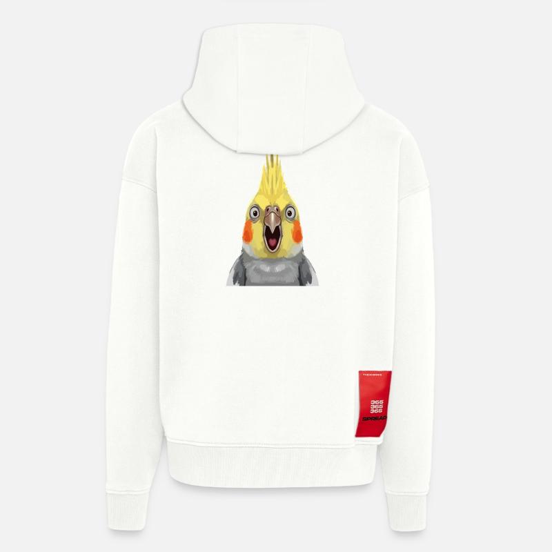 Estampe pop expressive de calopsitte - Veste à capuche bio épaisse oversize fabriqué en UE - OFF WHITE
