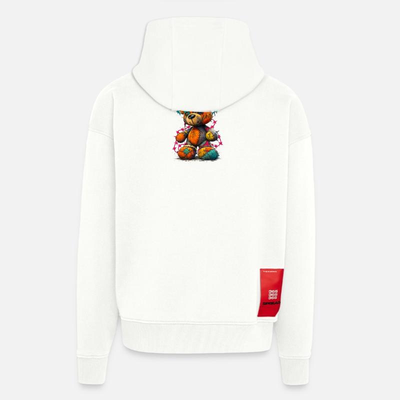 Nounours patchwork avec fils néon - Veste à capuche bio épaisse oversize fabriqué en UE - OFF WHITE