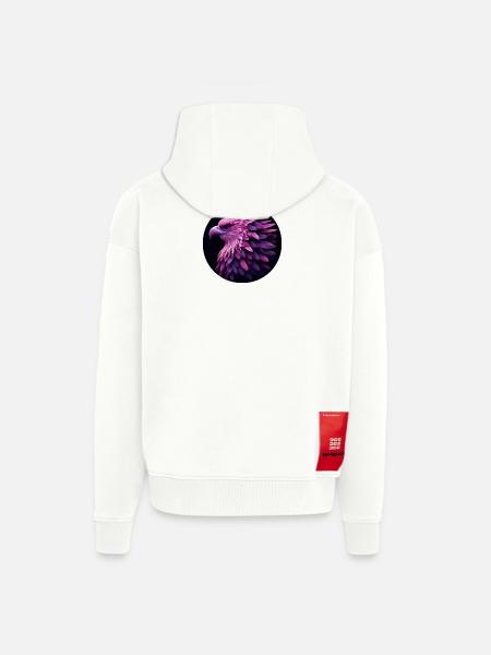 Aigle avec des plumes violettes et roses, photoréaliste - Veste à capuche bio épaisse oversize fabriqué en UE - OFF WHITE