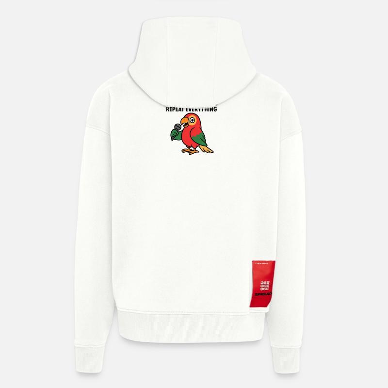 perroquet vibrant avec illustration de microphone - Veste à capuche bio épaisse oversize fabriqué en UE - OFF WHITE