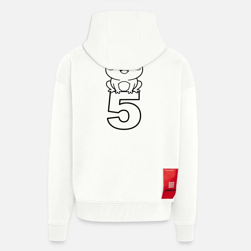 Grenouille joyeuse avec le chiffre 5 (dessin animé) - Veste à capuche bio épaisse oversize fabriqué en UE - OFF WHITE