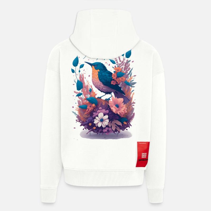 Oiseaux dans un bouquet de fleurs - Veste à capuche bio épaisse oversize fabriqué en UE - OFF WHITE
