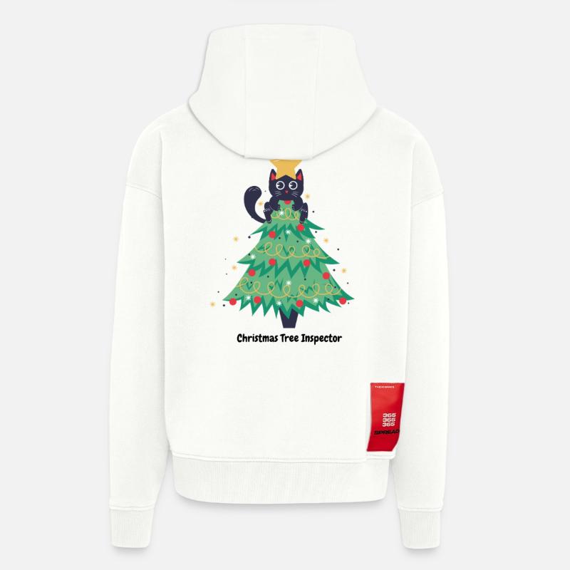pull de noël chat dans sapin - Veste à capuche bio épaisse oversize fabriqué en UE - OFF WHITE