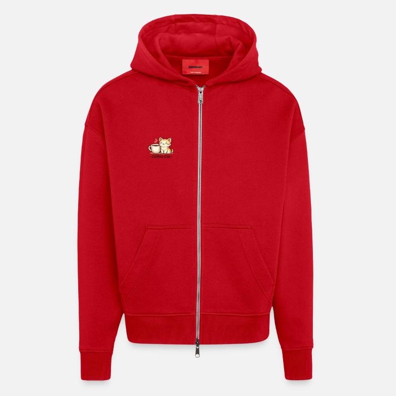 Illustration du chaton au café - Veste à capuche bio épaisse oversize fabriqué en UE - rouge