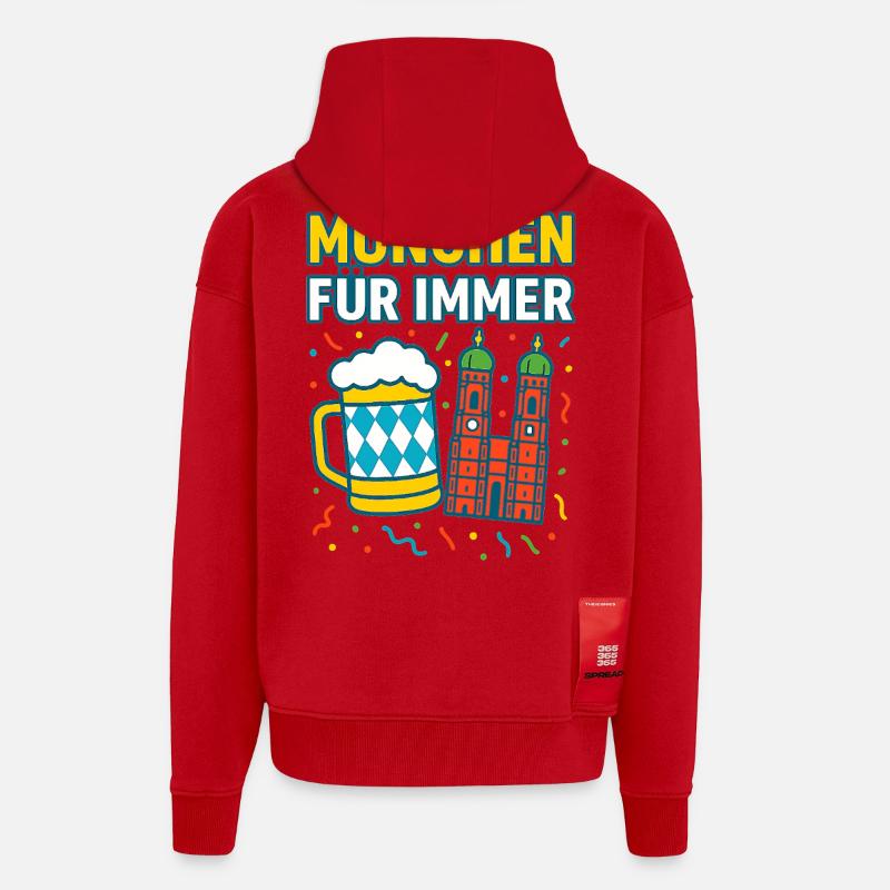 Munich Forever Beer et Skyline - Veste à capuche bio épaisse oversize fabriqué en UE - rouge