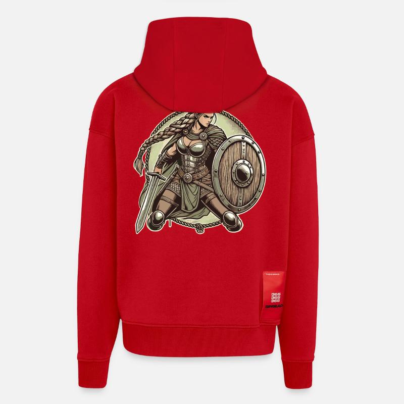 Guerrier avec bouclier et épée - Veste à capuche bio épaisse oversize fabriqué en UE - rouge