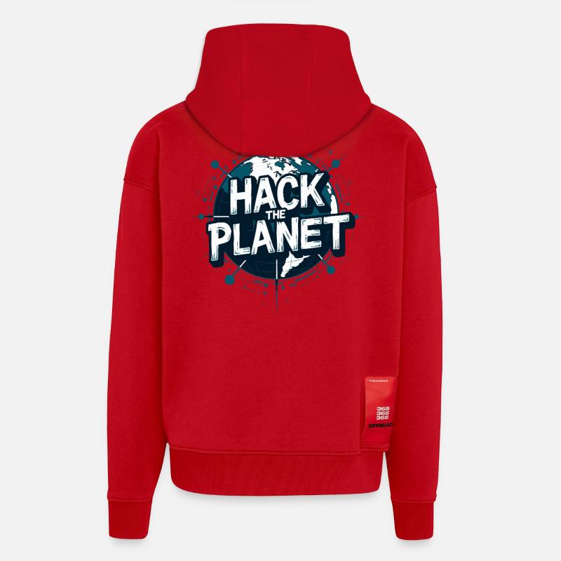 Motif du Globe Hack – Technologie Planétaire - Veste à capuche bio épaisse oversize fabriqué en UE - rouge