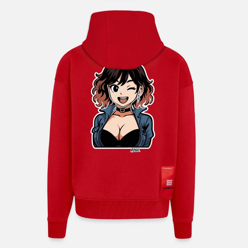 Diva en denim anime audacieuse - Veste à capuche bio épaisse oversize fabriqué en UE - rouge