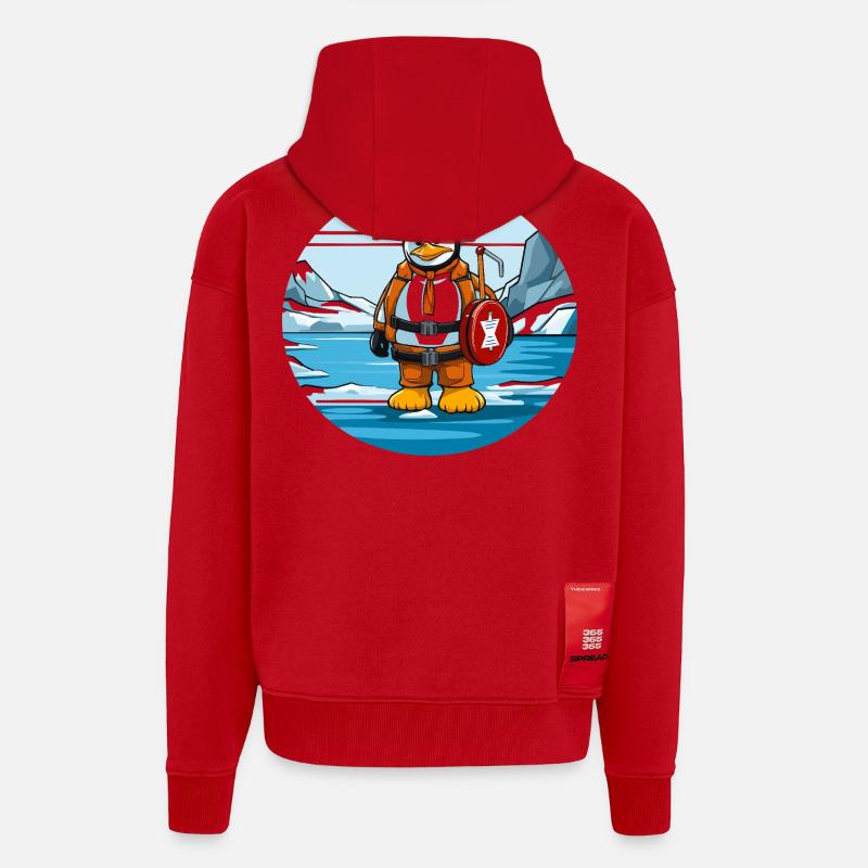 Aventurier Pingouin Arctique - Veste à capuche bio épaisse oversize fabriqué en UE - rouge