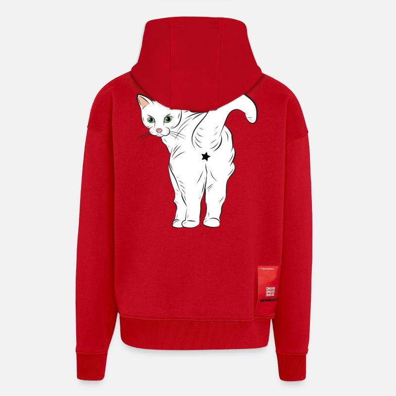 Chat blanc avec logo étoile - Veste à capuche bio épaisse oversize fabriqué en UE - rouge