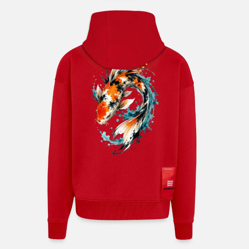 Éclaboussure de carpes koi aquarelle - Veste à capuche bio épaisse oversize fabriqué en UE - rouge