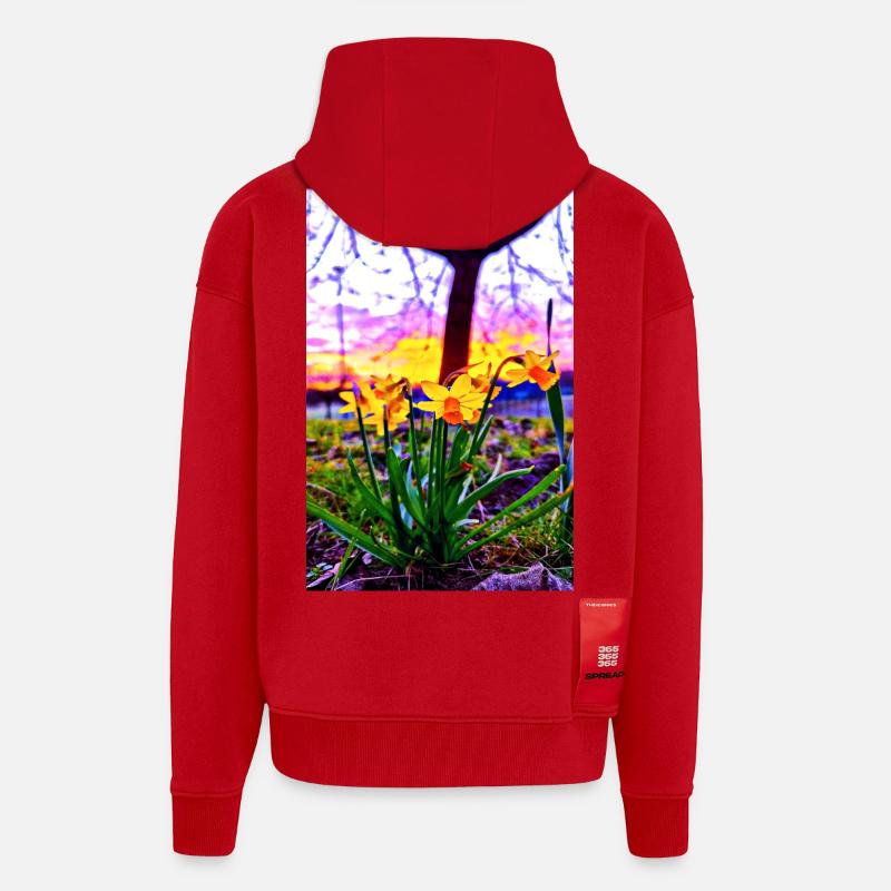 Jonquilles au coucher du soleil - Veste à capuche bio épaisse oversize fabriqué en UE - rouge