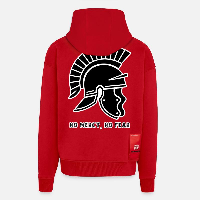 Casque guerrier noir Sans Pitié - Veste à capuche bio épaisse oversize fabriqué en UE - rouge