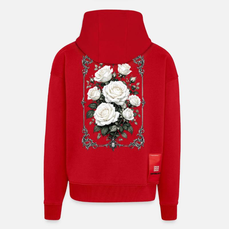 Roses, Roses blanches, Roses et Fleurs - Veste à capuche bio épaisse oversize fabriqué en UE - rouge