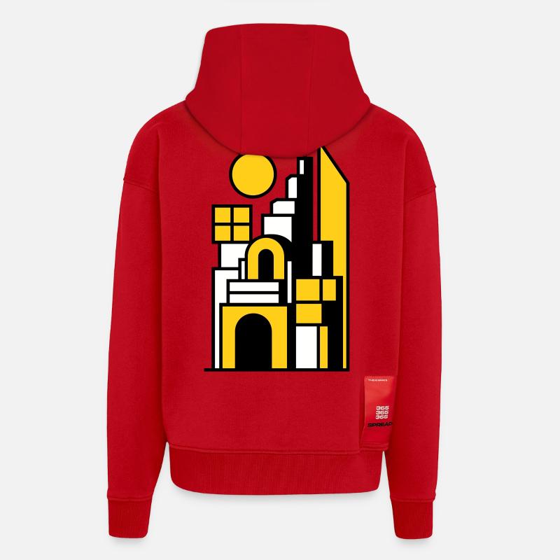 Paysage urbain abstrait en jaune noir - Veste à capuche bio épaisse oversize fabriqué en UE - rouge