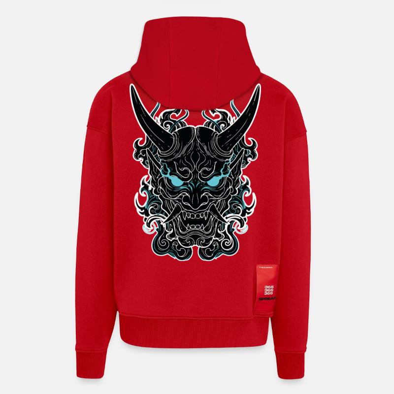 Masque Oni Cyberpunk Portrait Bleu - Veste à capuche bio épaisse oversize fabriqué en UE - rouge