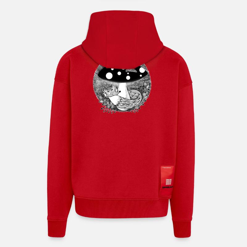 Illustration de renard noir et blanc - Veste à capuche bio épaisse oversize fabriqué en UE - rouge