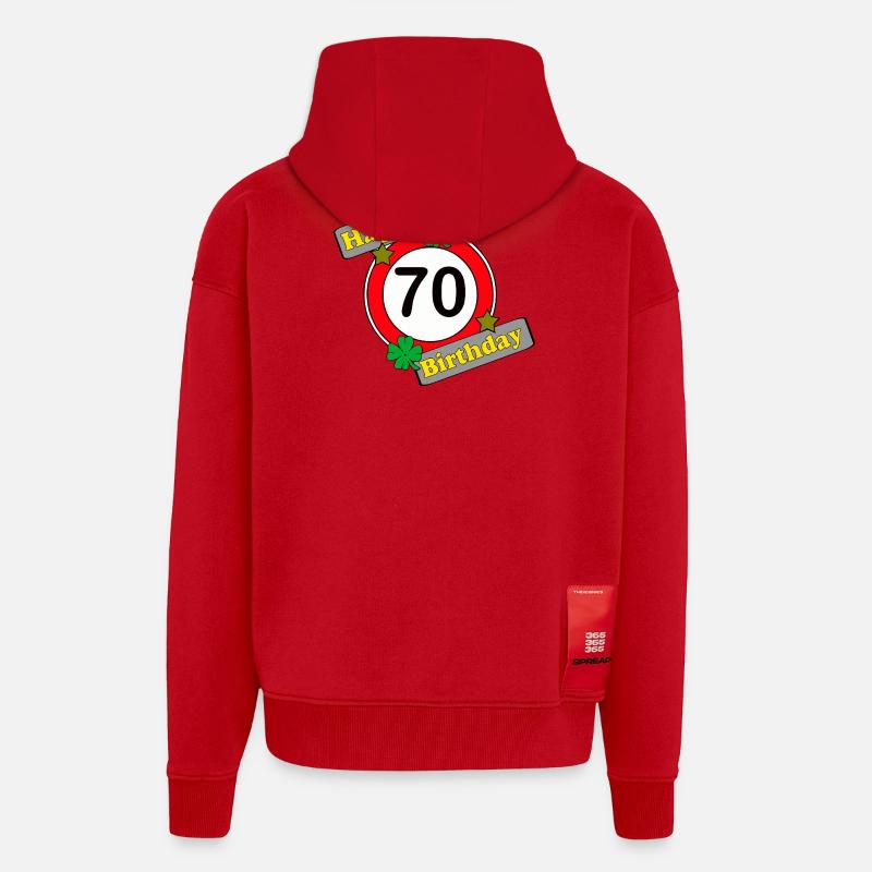 70e anniversaire , Joyeux anniversaire (25) - Veste à capuche bio épaisse oversize fabriqué en UE - rouge