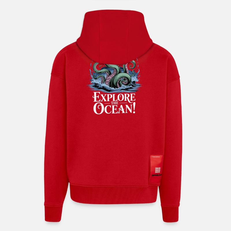 Conception d’aventure de pieuvre océanique - Veste à capuche bio épaisse oversize fabriqué en UE - rouge