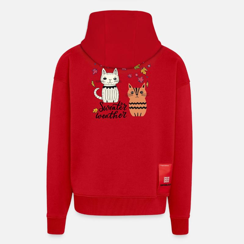 Chats dans les feuilles d'automne - Veste à capuche bio épaisse oversize fabriqué en UE - rouge