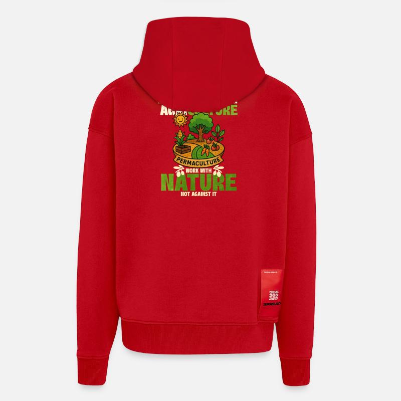 Conception de la nature en permaculture - Veste à capuche bio épaisse oversize fabriqué en UE - rouge