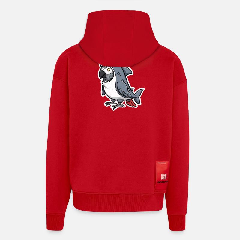 Requin gris perroquet dessin animé - Veste à capuche bio épaisse oversize fabriqué en UE - rouge