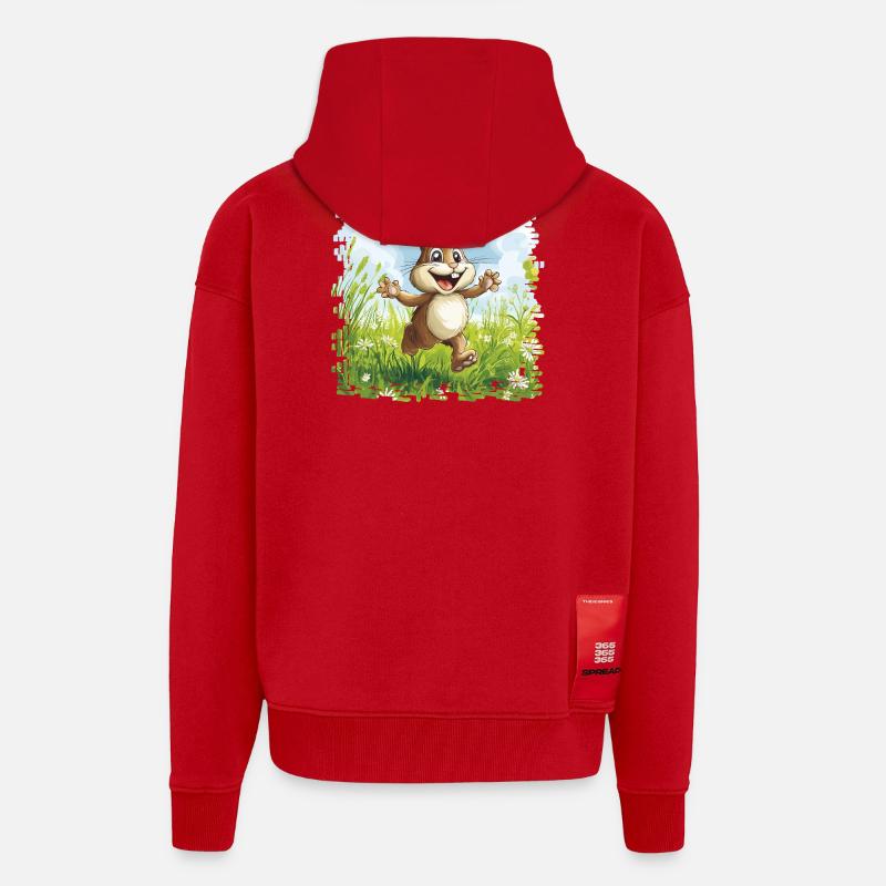 Fröhlicher Hase in Frühlingswiese - Zip Hoodie - made by SPREAD - Rot
